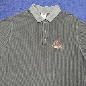 Houston Astros Polo Shirt Mens Medium Gray Ribbed Cotton Striped MLB Baseball